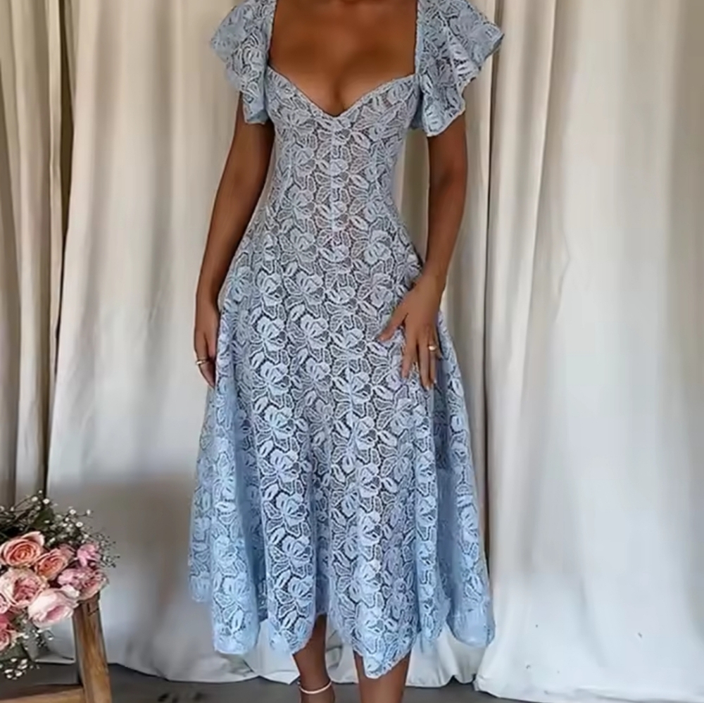 Butterfly Sleeve Solid Maxi Dress, WomenHollow Out V Neck Sexy Party Dress - Picture 6 of 6
